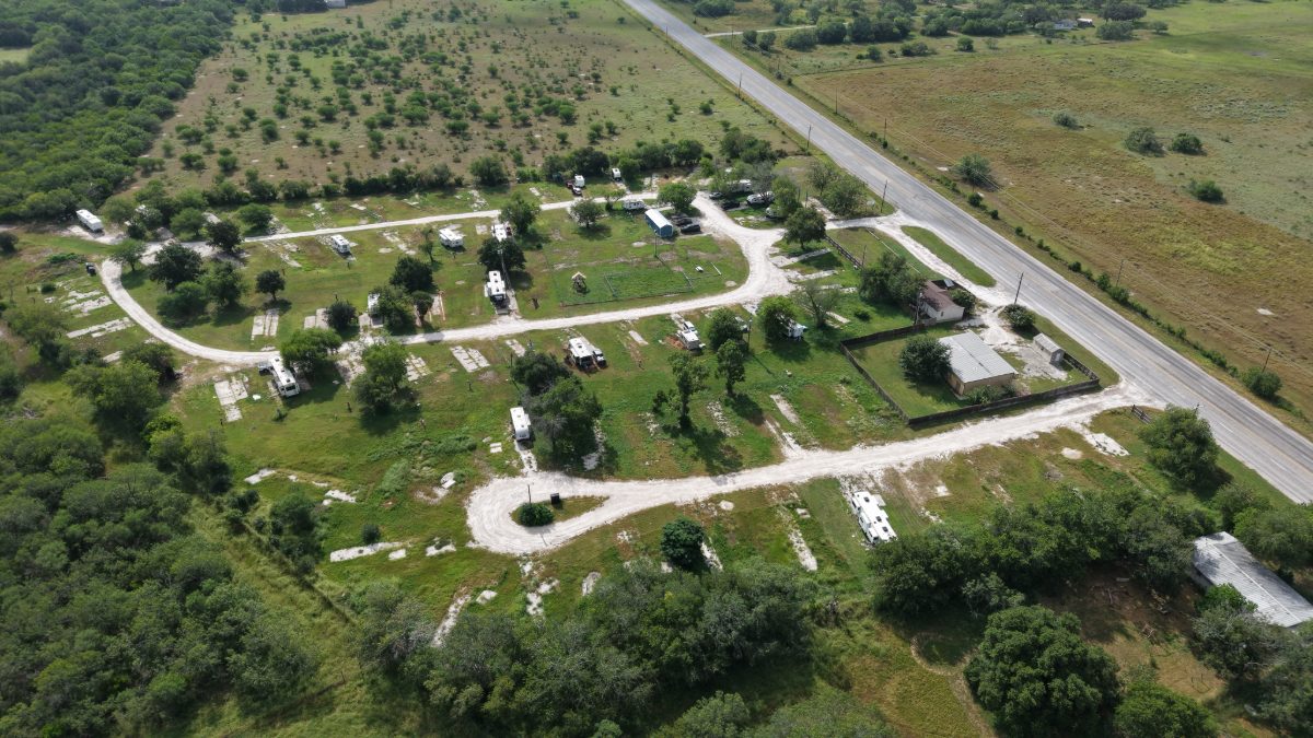 Aerial view of The Texas Rose RV Park looking east toward Highway 202 in Beeville, Texas