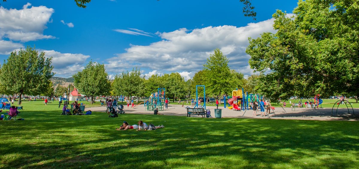 Families on the lawn beside a playground in a shaded city park